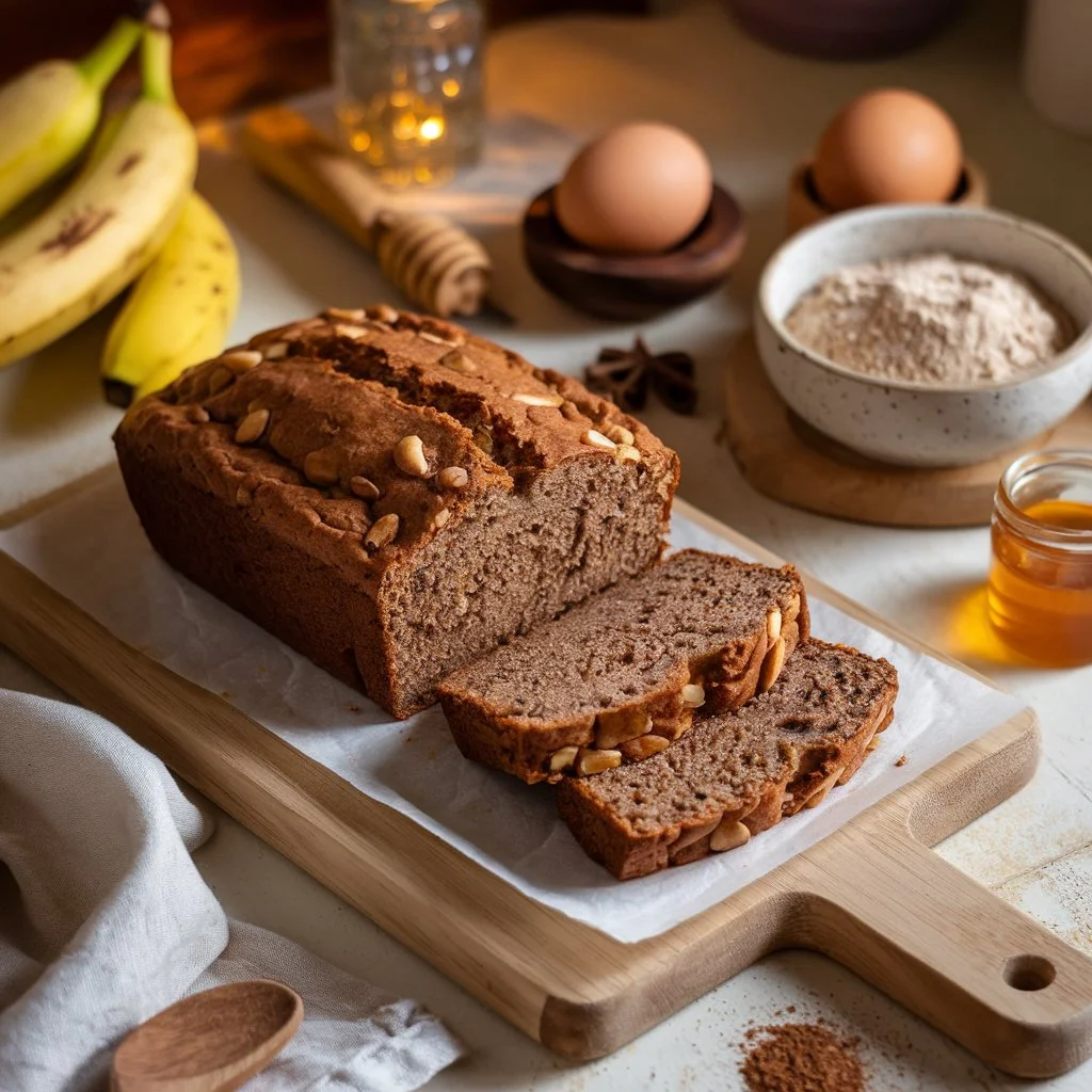 A wholesome and rustic kitchen scene showcasing a loaf of banana bread made without flour