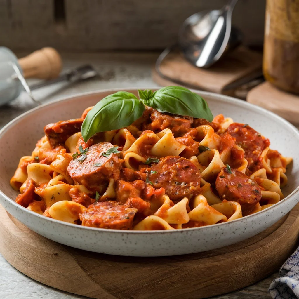 A photo of a delicious pasta dish with chicken and Italian sausage.