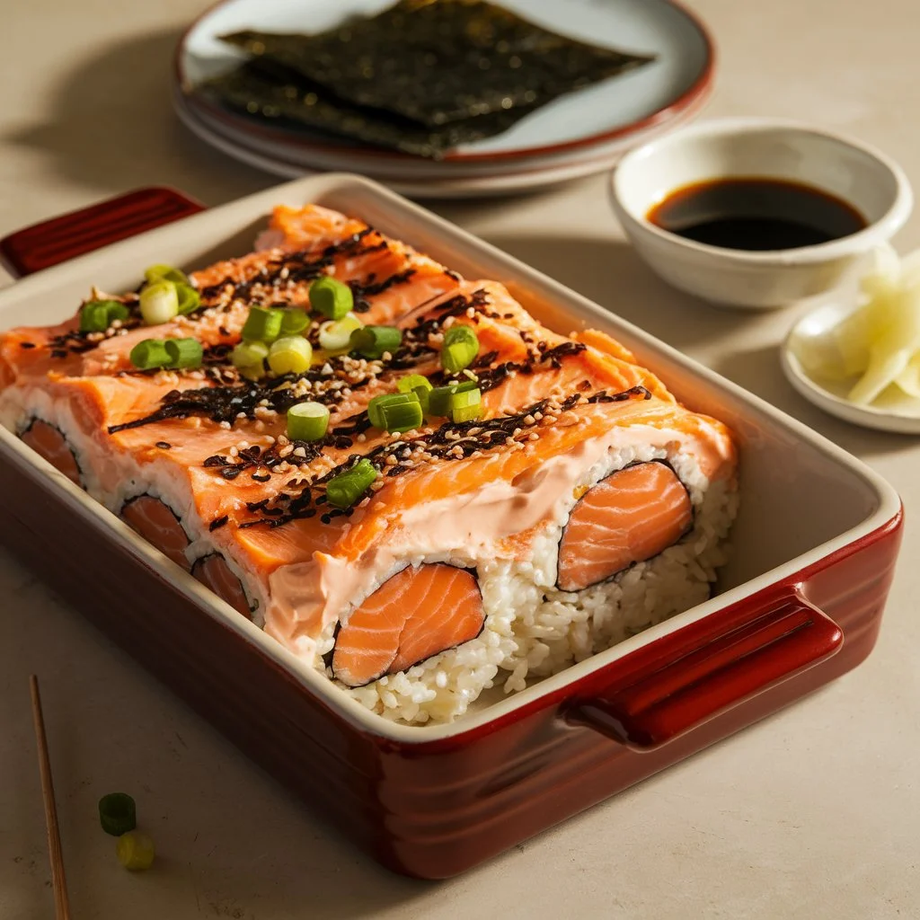 A rich and creamy salmon sushi bake served in a rectangular ceramic dish