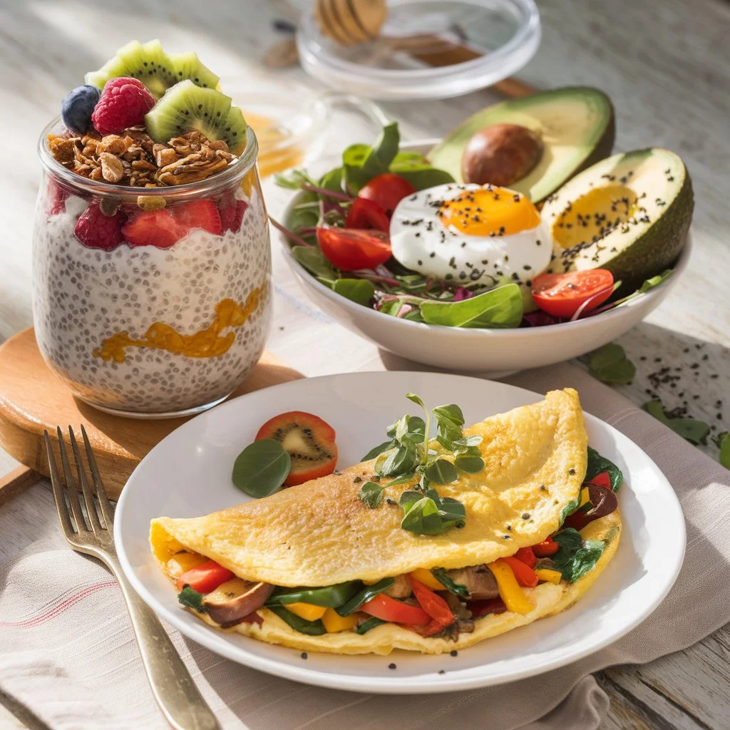 A vibrant breakfast spread featuring three delicious dishes.
