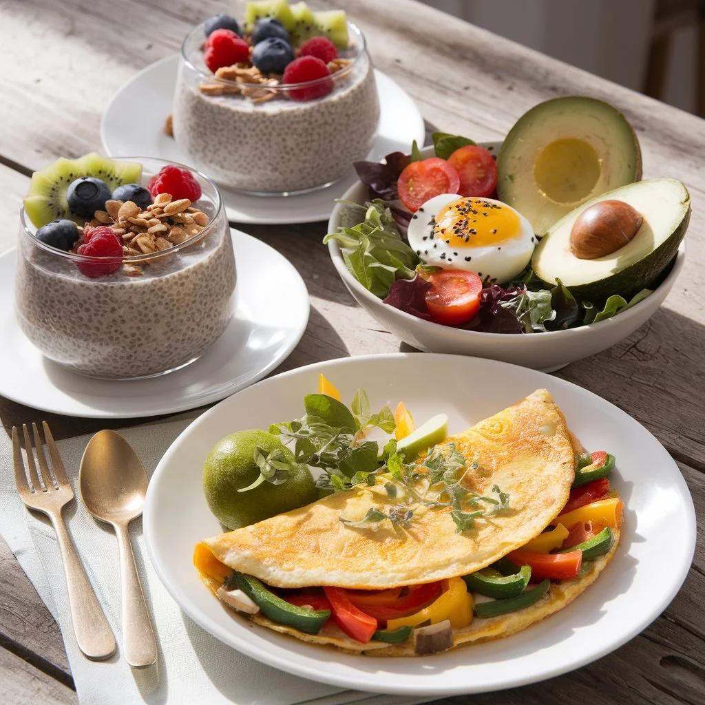 A vibrant breakfast spread featuring three delicious dishes.