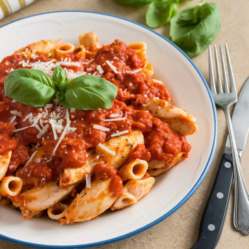 A photo of a plate of chicken pasta with marinara sauce.