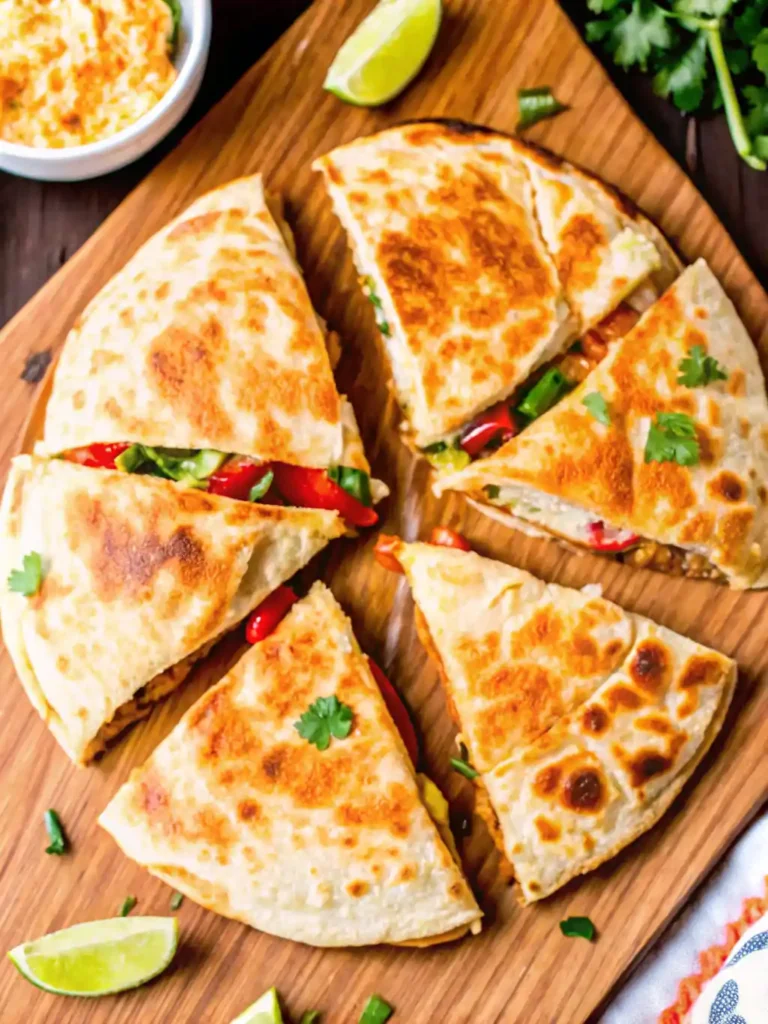 Golden-brown chicken quesadillas cut into wedges and topped with herbs, served with lime and dip on a wooden board