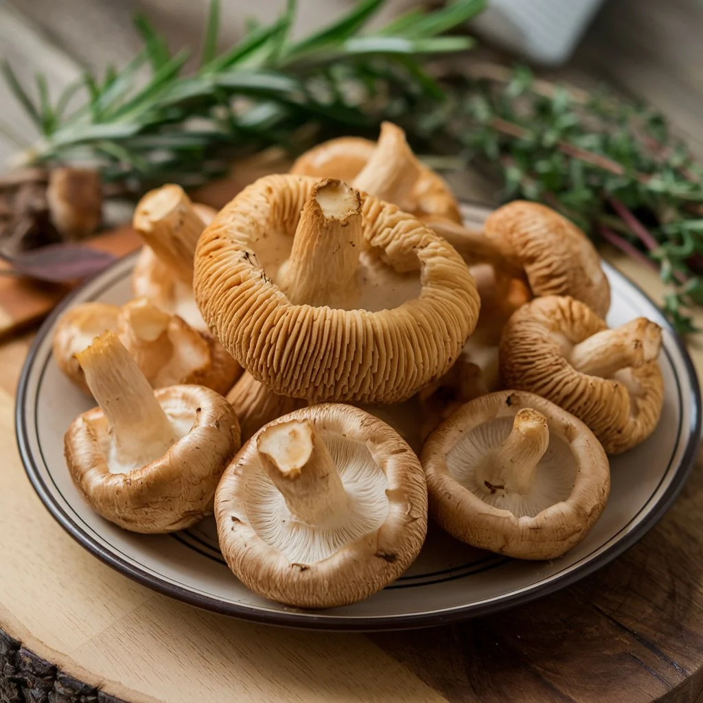 A photo of a plate of chanterelle mushrooms.