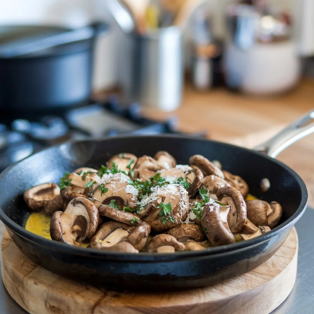 A photo of a cooked maitake mushroom recipe.