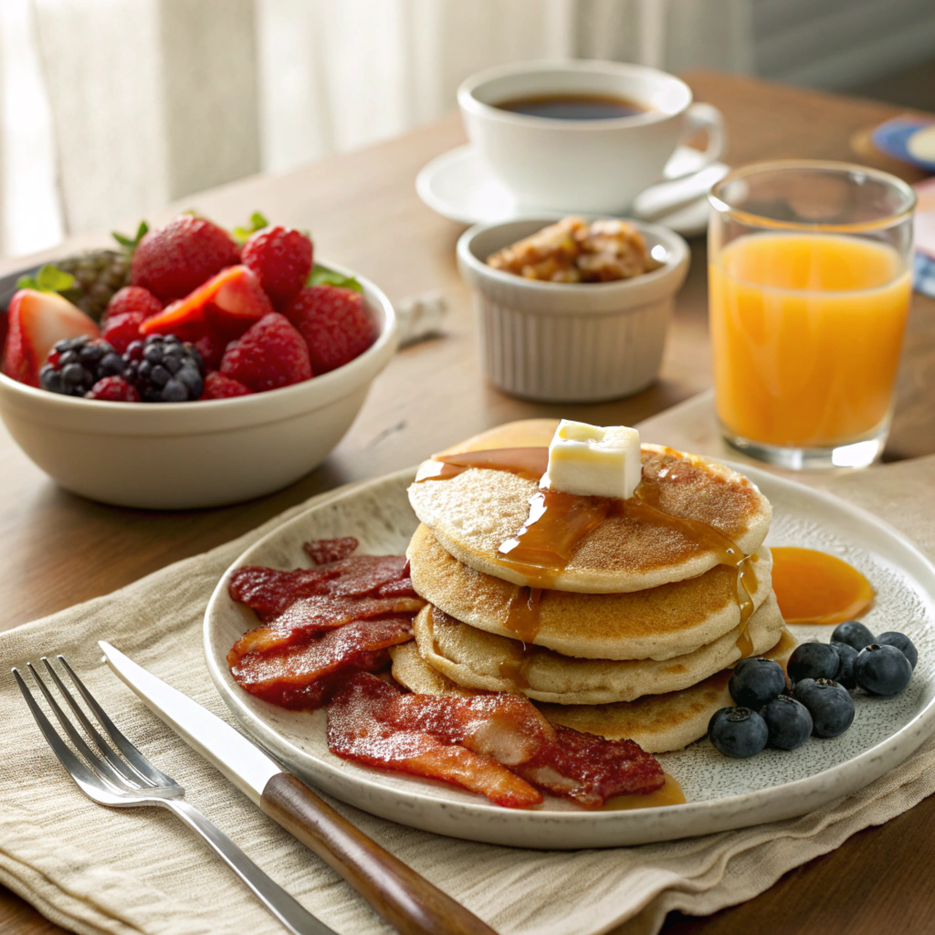 A casual pancake breakfast spread on a table