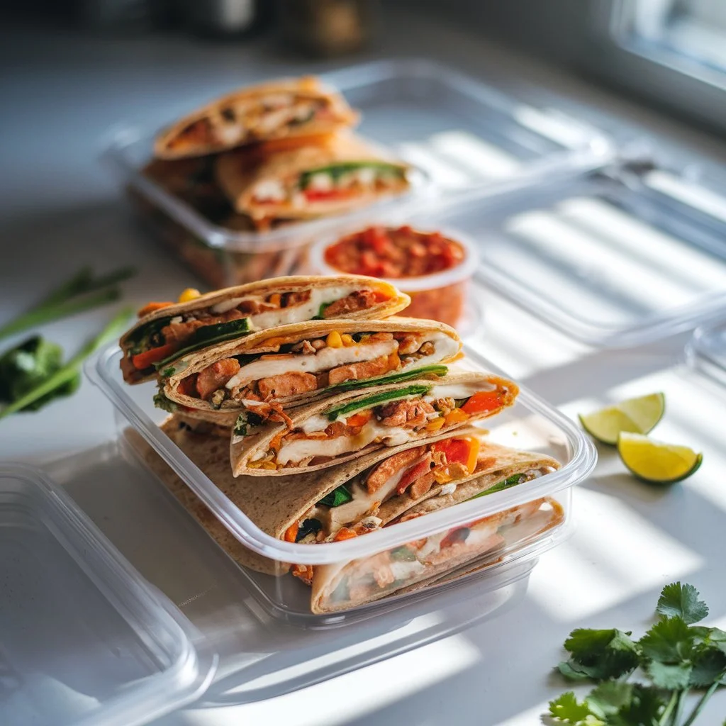 chicken quesadilla meal prep containers on a kitchen counter