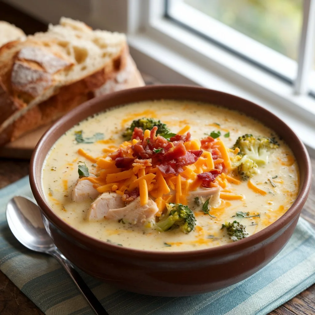 A cozy bowl of creamy chicken broccoli cheddar soup