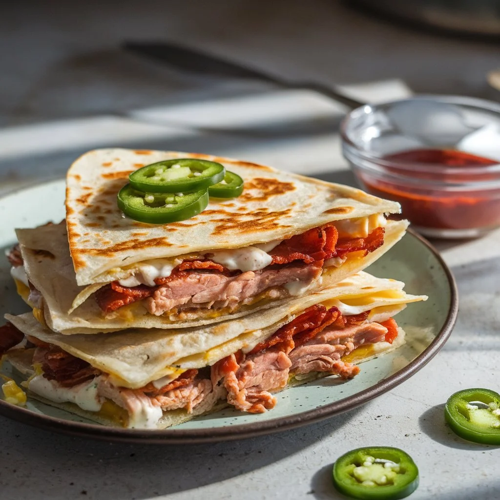 A casual, unstyled phone shot of chicken bacon ranch quesadillas with jalapeños