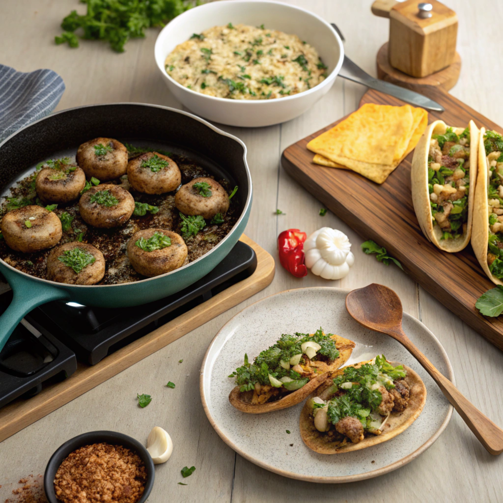 A cozy kitchen scene featuring easy vegan mushroom dishes