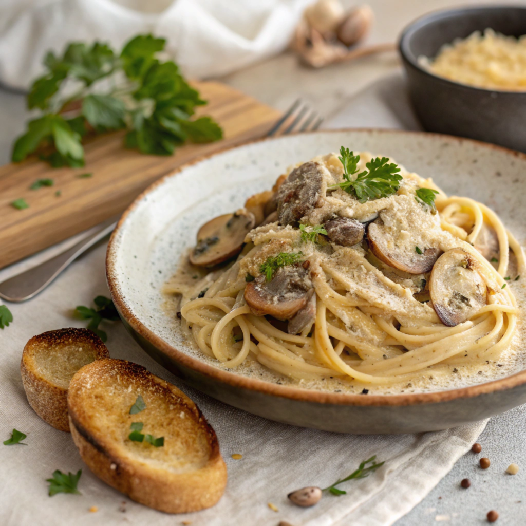 A cozy, phone-captured shot of vegan mushroom pasta