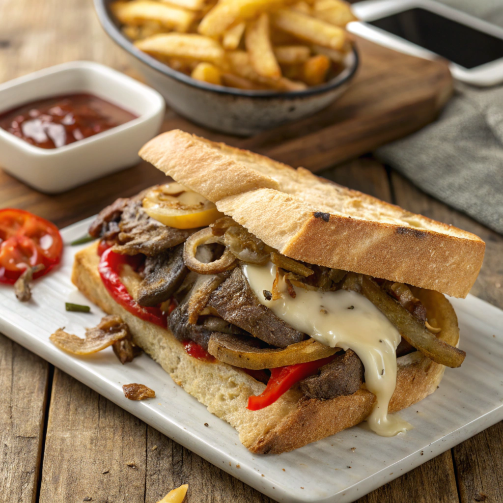A mouthwatering roast beef pepper onion sandwich with melted cheese