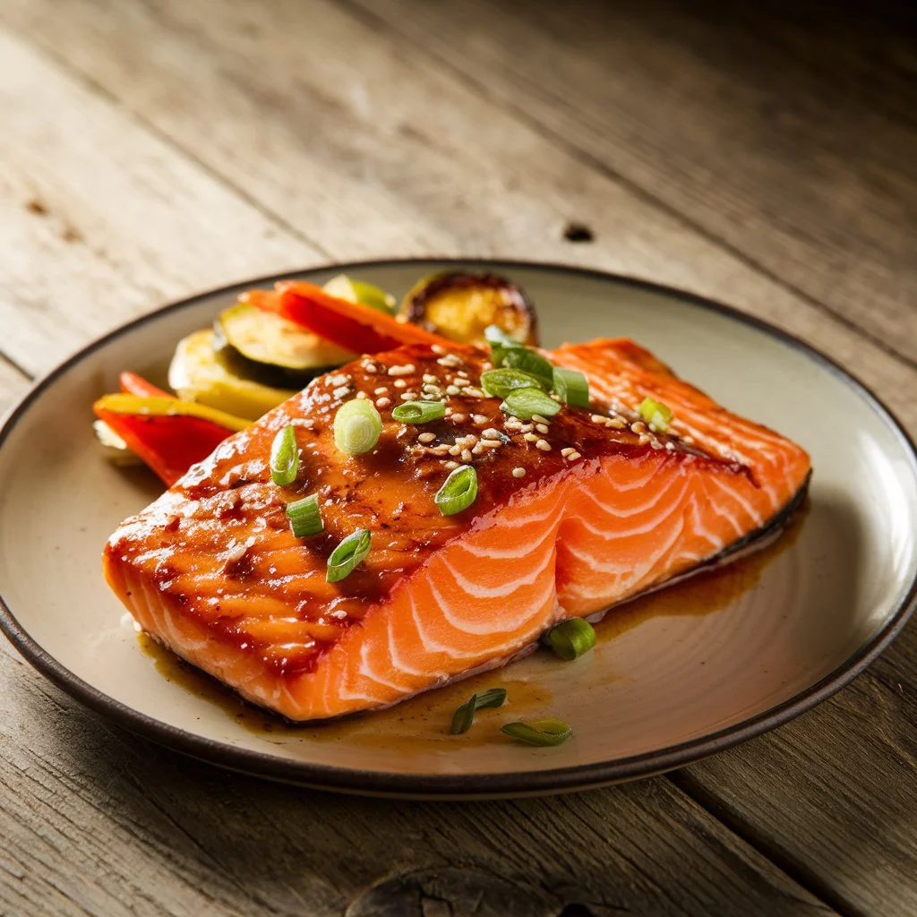 A beautifully plated miso butter salmon on a rustic wooden table