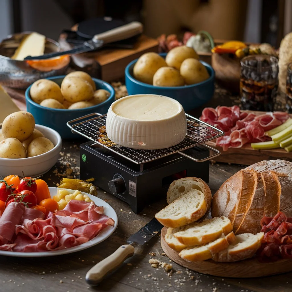 A cozy table spread featuring traditional raclette accompaniments