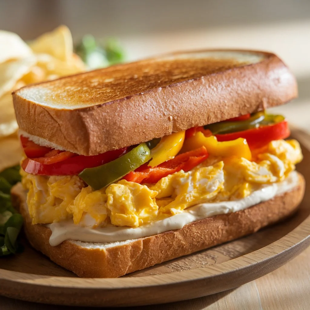 A hearty pepper and egg sandwich served on a toasted, slightly crispy sandwich bun