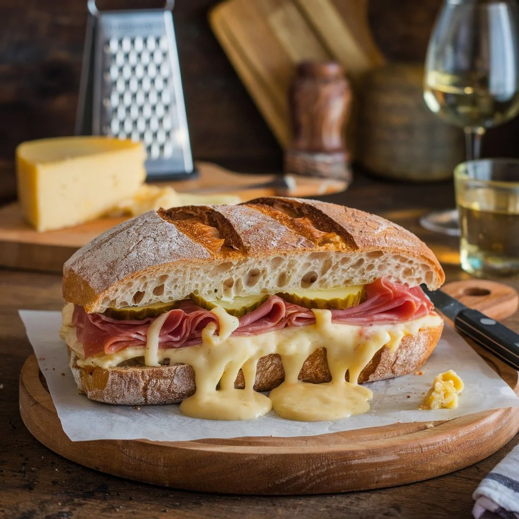 A melty raclette sandwich on a wooden board