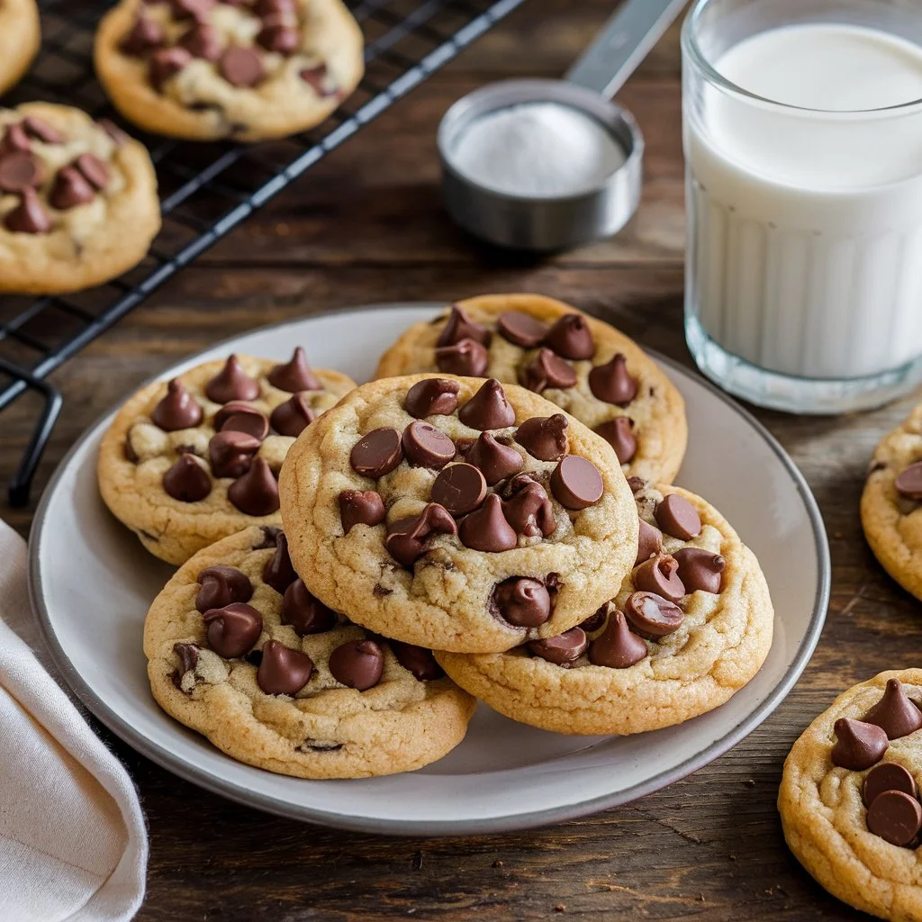 A plate of freshly baked chocolate chip cookies