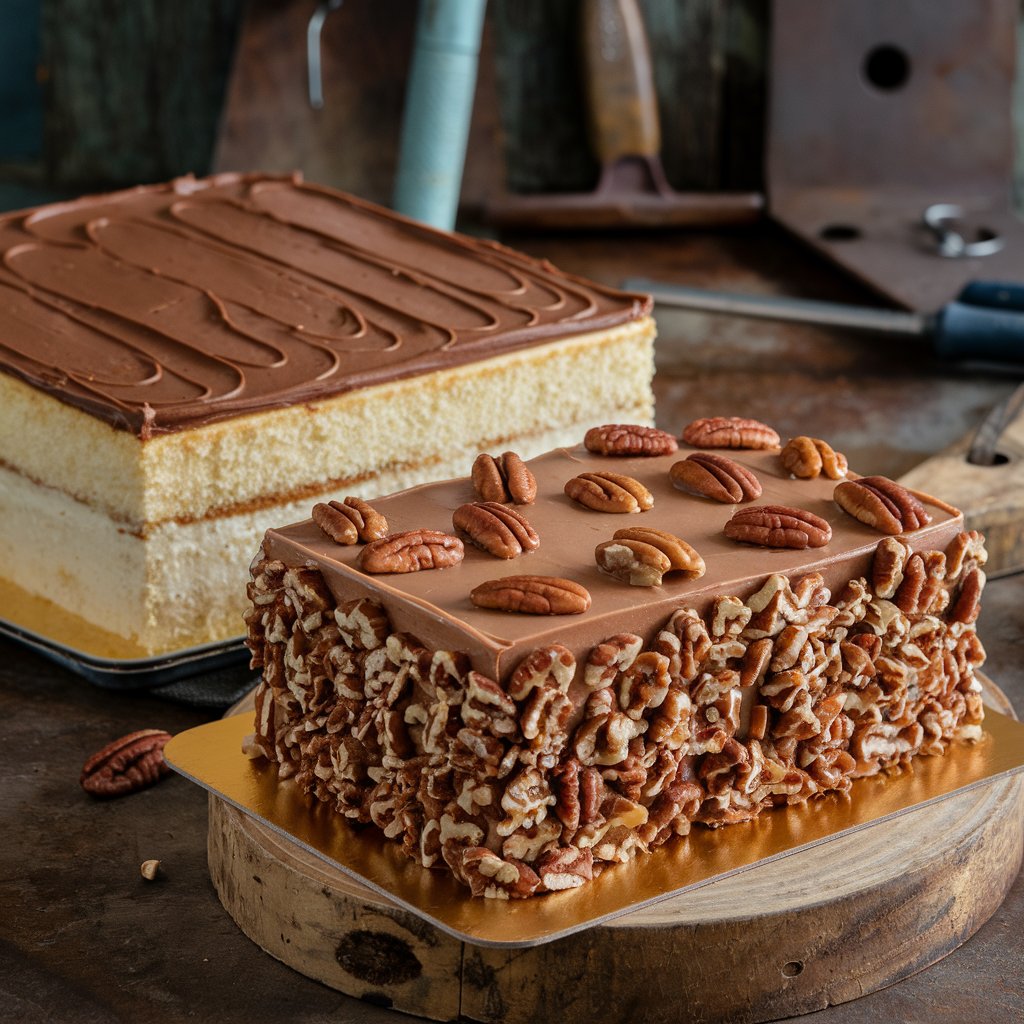 A photo of a sheet cake and a Texas sheet cake.