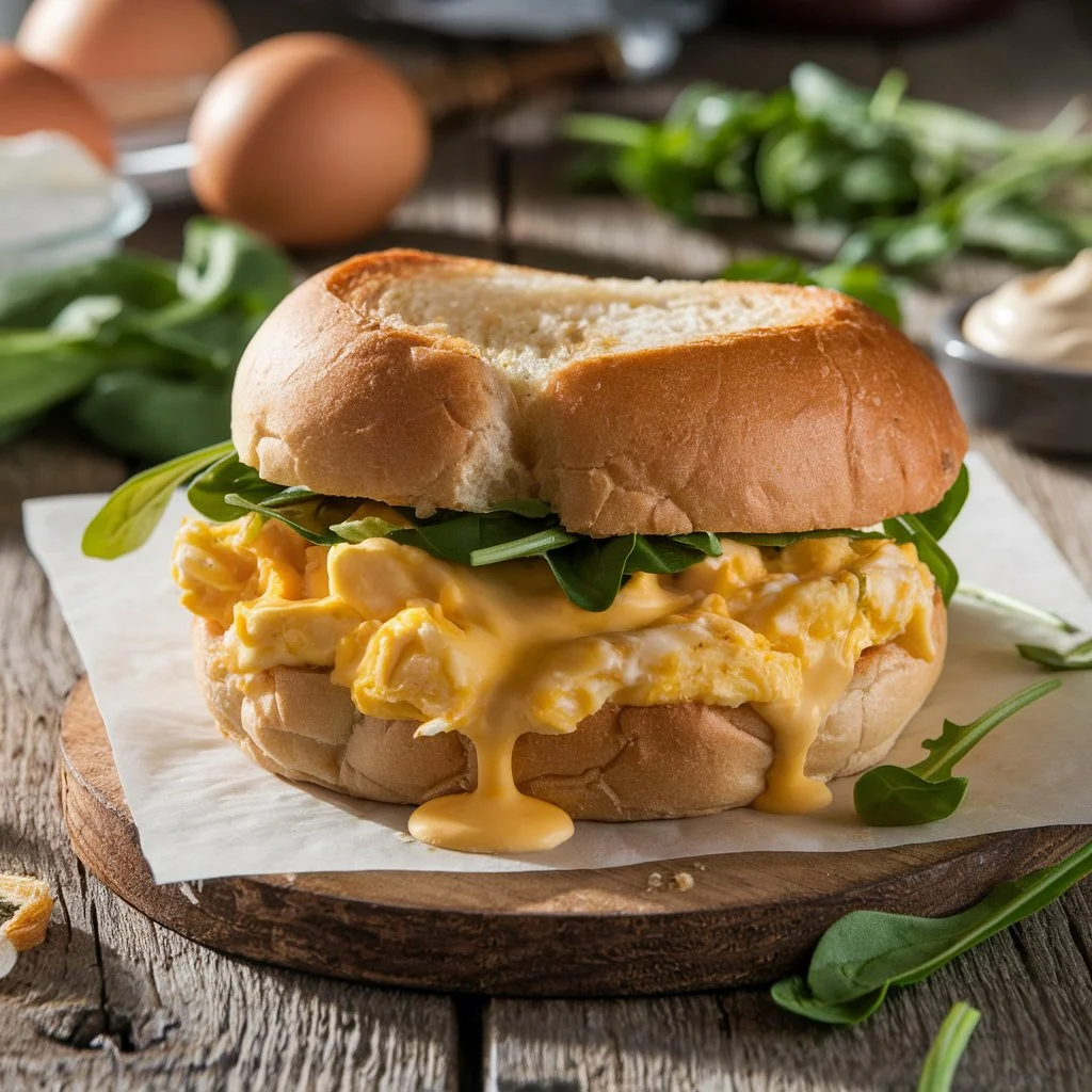 An egg drop sandwich presented on a clean