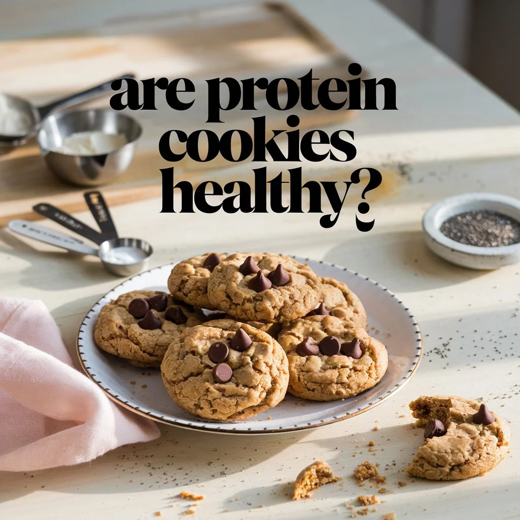An inviting kitchen scene featuring a plate of freshly baked protein cookies on a rustic wooden table