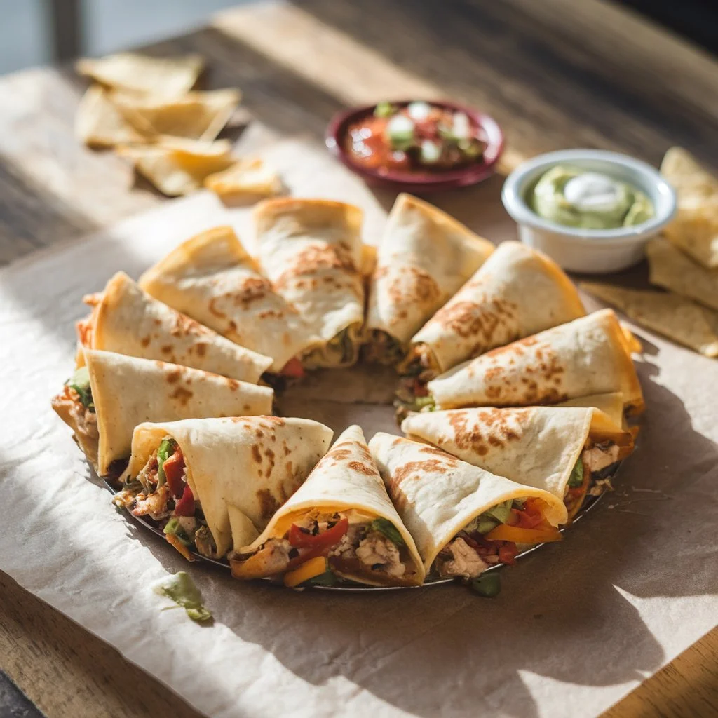 A spontaneous, phone-style shot of a blooming quesadilla ring on a wooden table