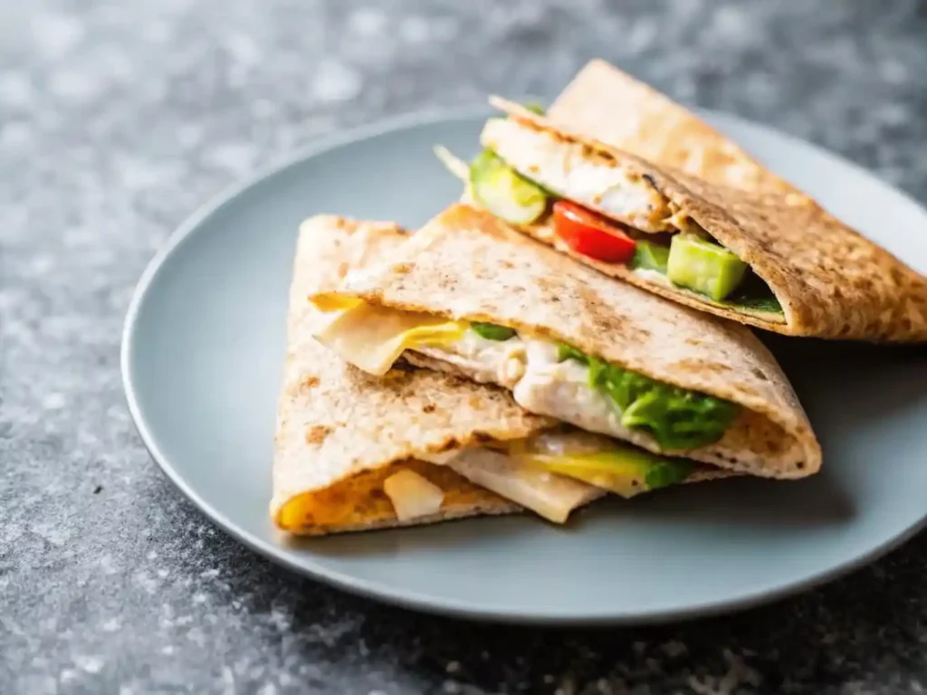 Two folded healthy chicken quesadilla meal prep filled with vegetables and cheese served on a gray plate