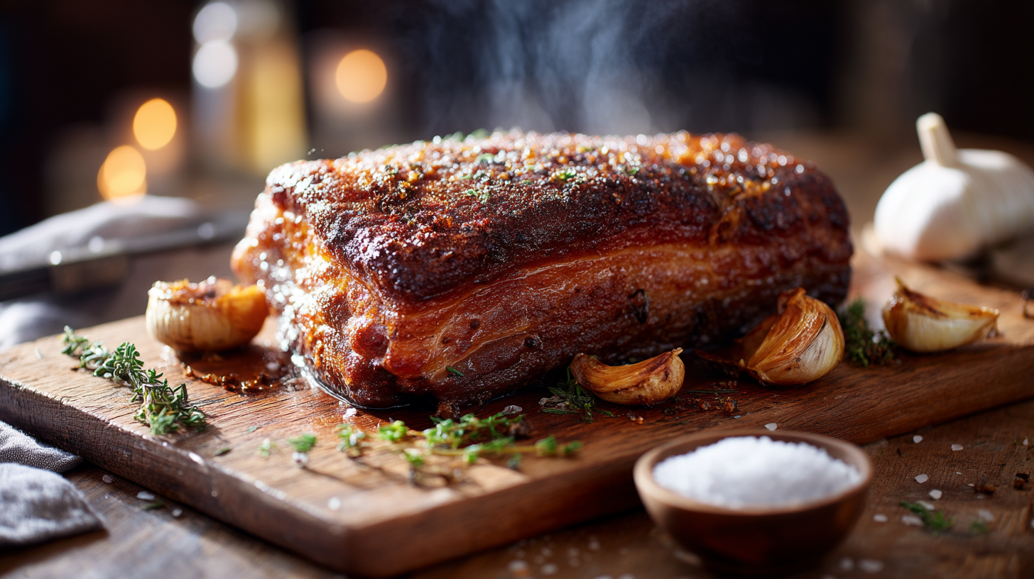 Slow-roasted beef belly with crispy fat on a rustic cutting board.