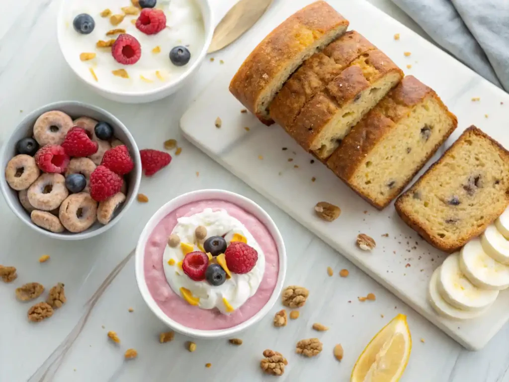 A spread of desserts with greek yogurt including banana bread, whipped parfaits, mini donuts, and frozen yogurt with berries