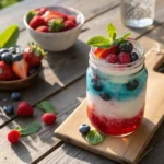 Red White and Berry cocktail in mason jar with berries and mint
