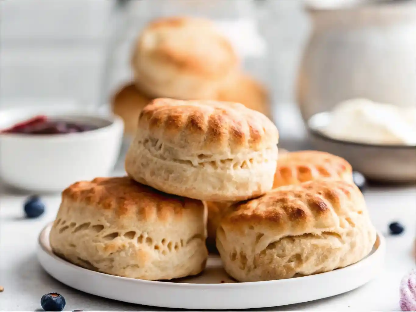 Golden, fluffy 2 ingredient Greek yogurt biscuits stacked on a white plate with jam and cream in the background.