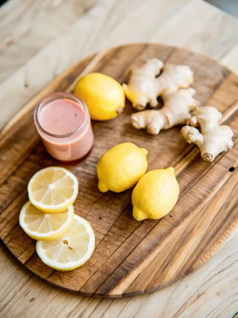 Fresh ingredients for Zepbound Recipes Ginger Lemon Tummy Reset Tonic, including whole lemons, ginger root, and a shot of pink detox juice on a rustic wooden board.