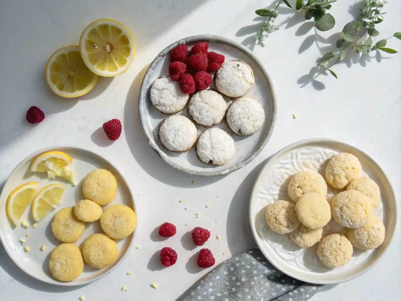Assorted summer cookies on plates with fresh raspberries and lemon slices, styled on a white surface.