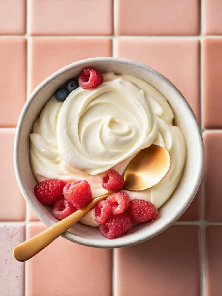 Bowl of creamy homemade Greek yogurt topped with fresh raspberries and blueberries, served with a gold spoon.