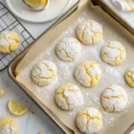 Lemon crinkle summer cookies on a baking sheet with powdered sugar and lemon halves nearby.