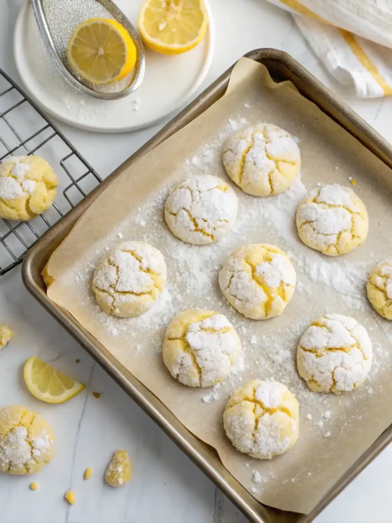 Lemon crinkle summer cookies on a baking sheet with powdered sugar and lemon halves nearby.