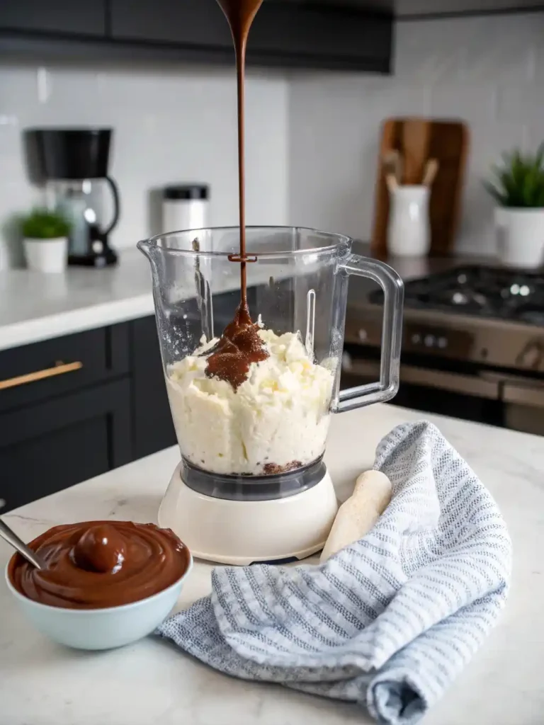 Overhead view of a blender filled with cottage cheese and melted chocolate being poured in, on a kitchen counter with a towel nearby.