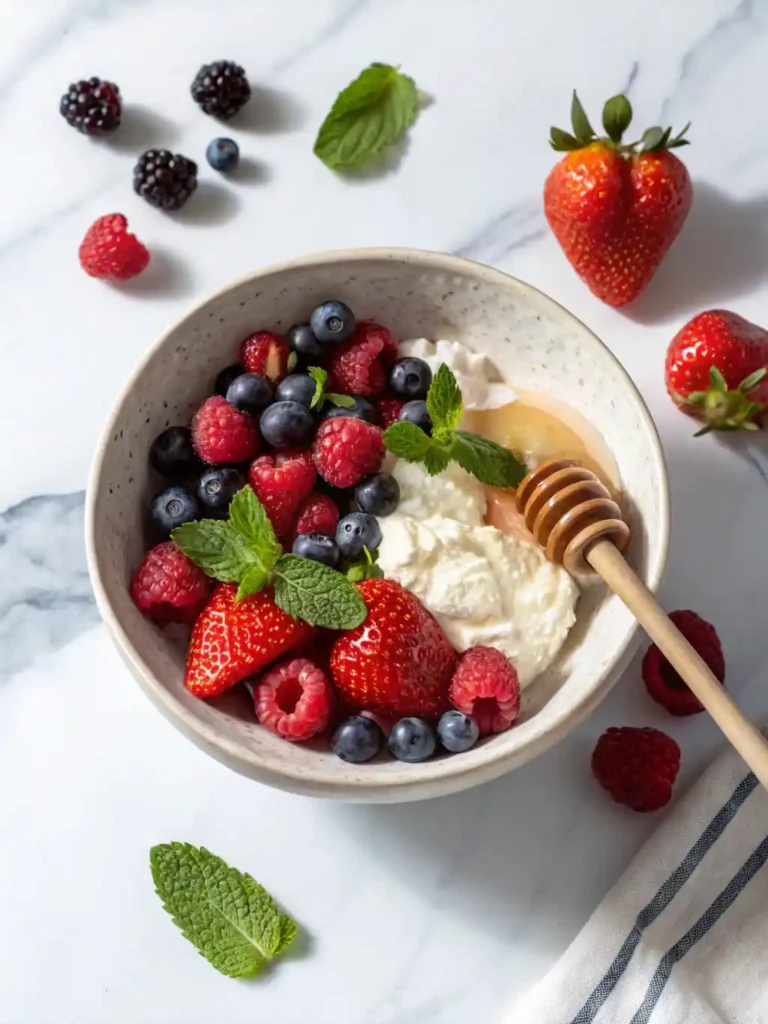 Glass cup of berry bliss cottage cheese mousse topped with strawberries, blueberries, raspberries, and mint, on a rustic wooden table with natural soft light. Top 1 Cottage Cheese Dessert Recipes