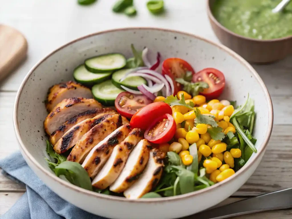 Grilled chicken salad with corn, cherry tomatoes, cucumber, red onion, and greens in a bowl with basil vinaigrette