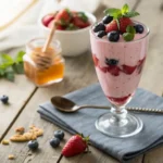 Glass of pink berry cottage cheese mousse with honey drizzle and fresh strawberries, a healthy high-protein dessert