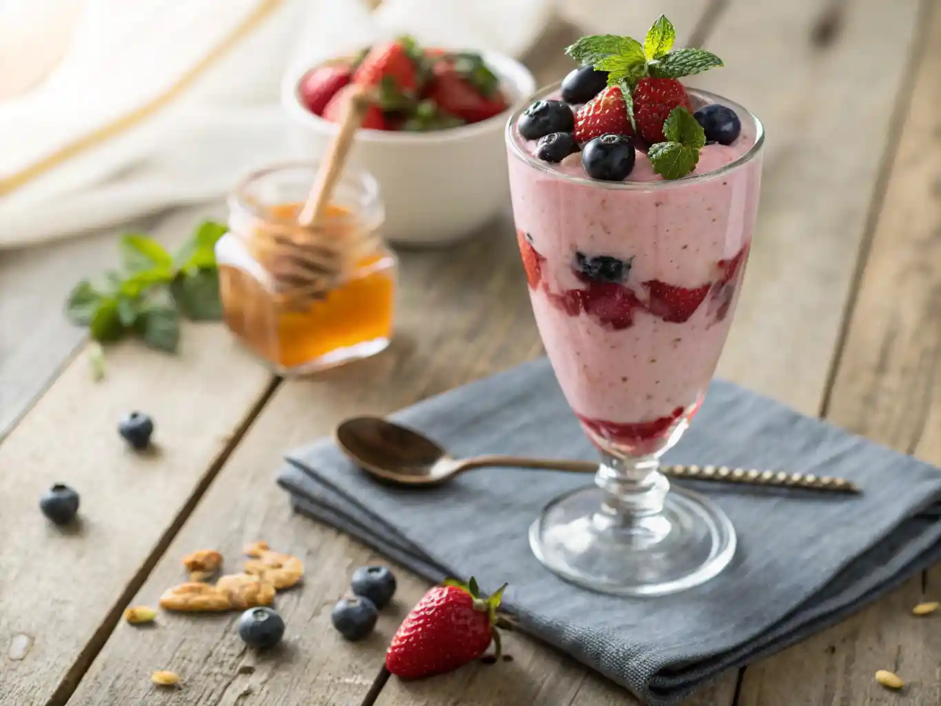 Glass of pink berry cottage cheese mousse with honey drizzle and fresh strawberries, a healthy high-protein dessert