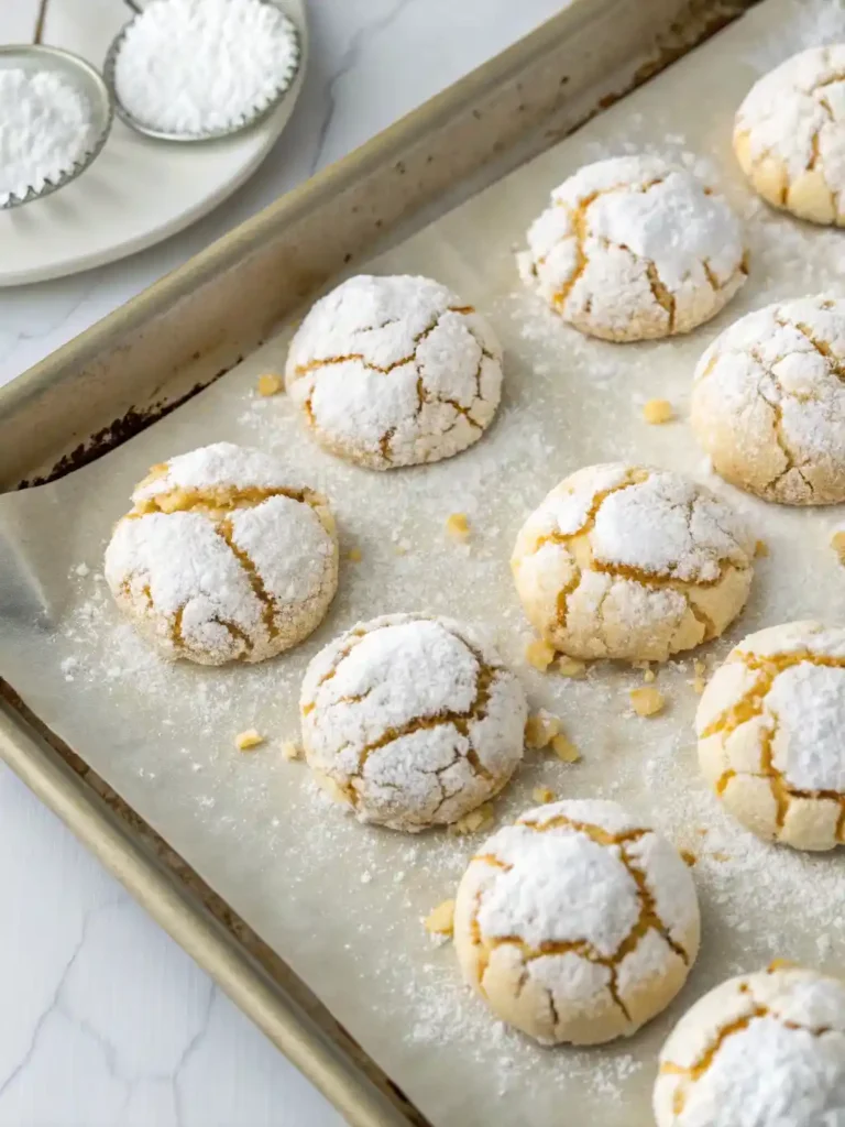 Freshly baked lemon crinkle summer cookies coated in powdered sugar on a baking tray.