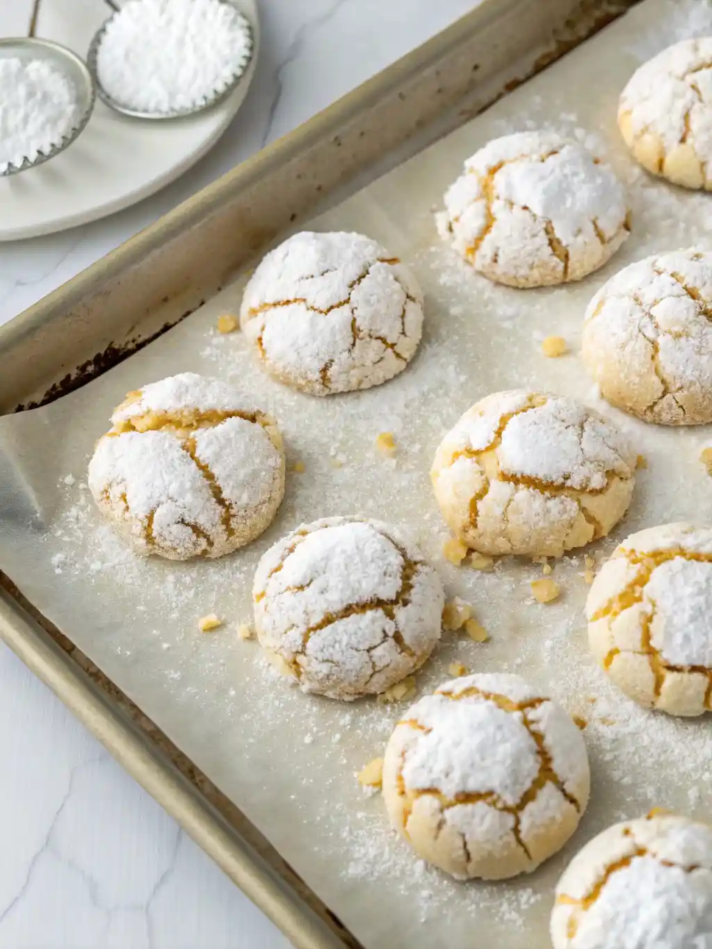 Freshly baked lemon crinkle summer cookies coated in powdered sugar on a baking tray.