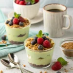 Individual cups of pistachio pudding dessert topped with crushed cookies and berries.