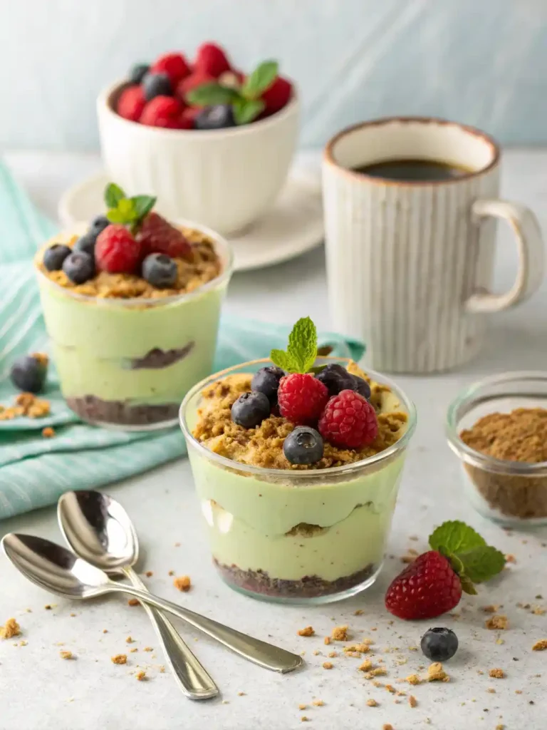 Individual cups of pistachio pudding dessert recipe topped with crushed cookies and berries.
