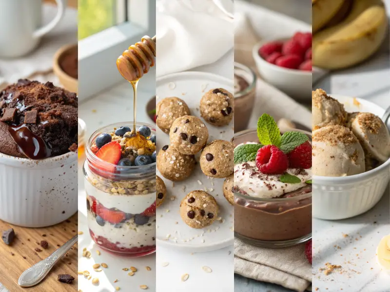 A variety of five high protein desserts including a mug cake, berry parfait, protein balls, mousse, and ice cream arranged on a rustic table.
