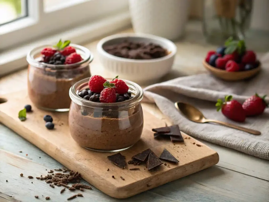 Two small glass jars filled with cottage cheese chocolate mousse topped with berries and chocolate shavings on a rustic kitchen counter.