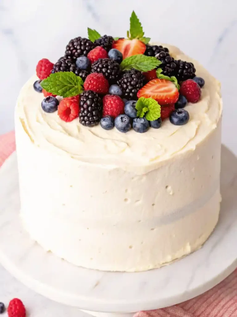 Whole Chantilly berry cake on a white cake stand, frosted with mascarpone cream and topped with fresh strawberries, blueberries, raspberries, and mint leaves.