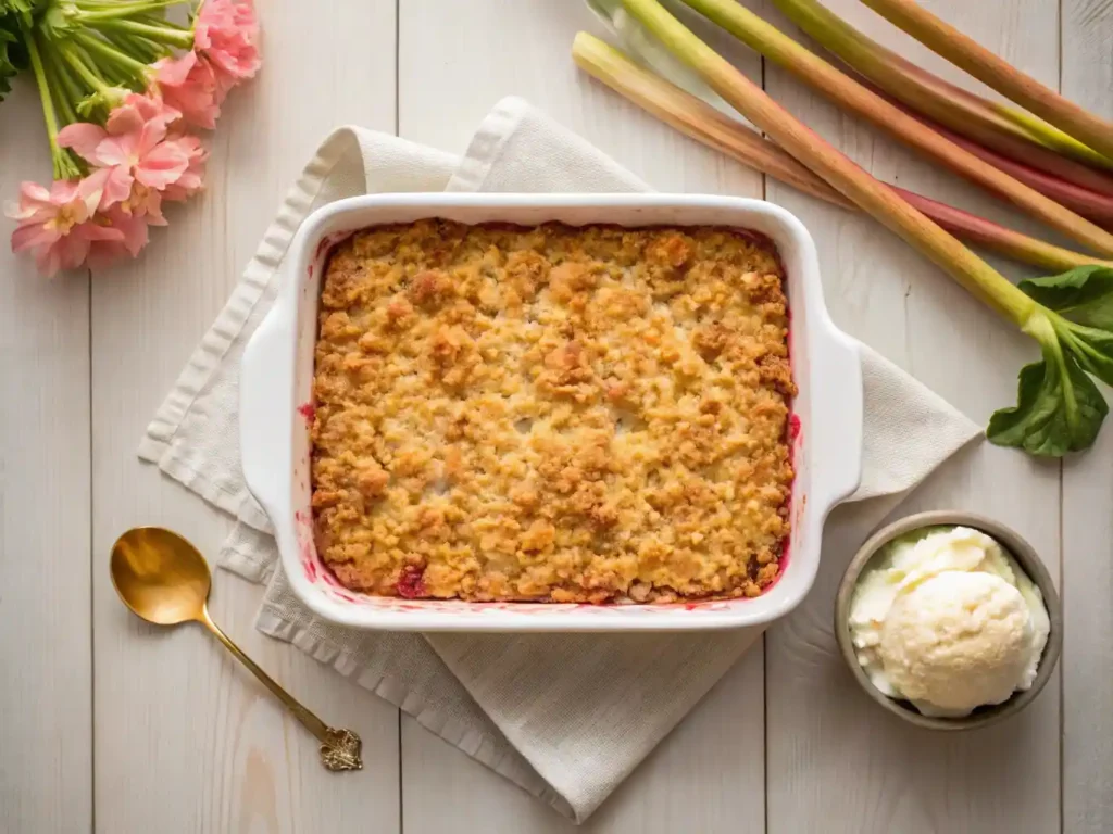 Cozy rhubarb crisp in a white ceramic baking dish with golden oat topping and a scoop of vanilla ice cream