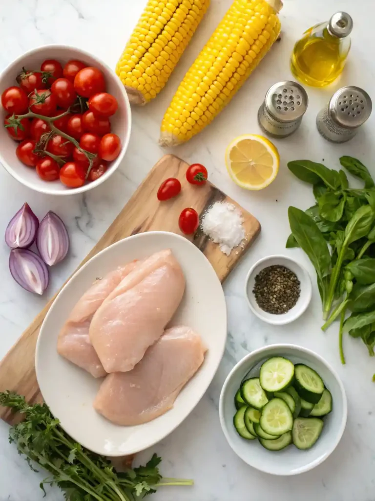 Top-down view of raw chicken breasts, corn, cherry tomatoes, lemon, cucumber, basil, olive oil, and spices arranged on a marble surface
