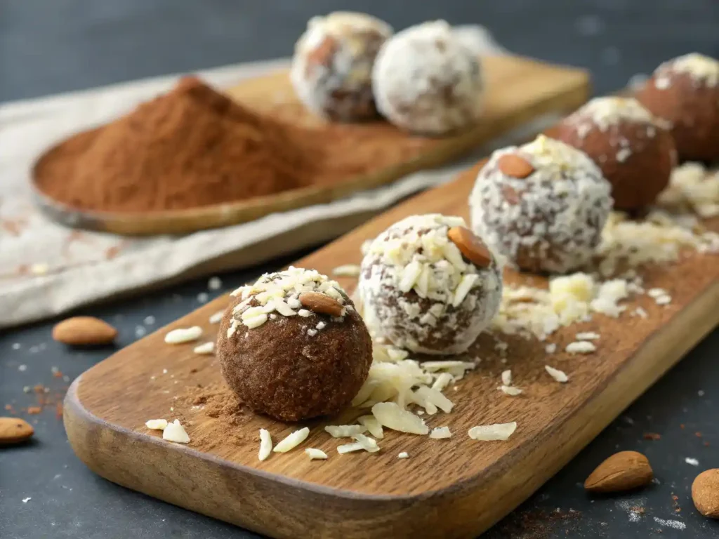 Close-up of no-bake date dessert recipe bites rolled in cocoa powder, coconut, and crushed almonds on a rustic wooden board with soft natural lighting.